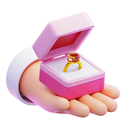 3D cartoon hand holding an open pink engagement ring box