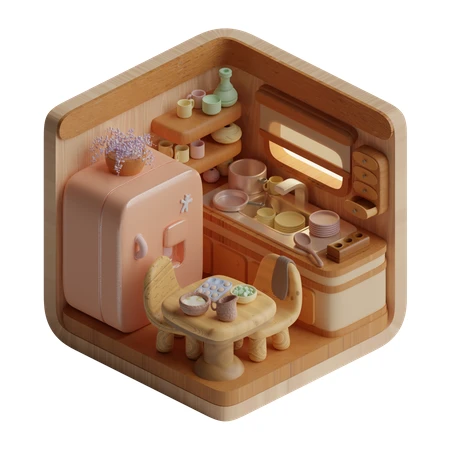 3D isometric miniature wooden kitchen with pastel decor