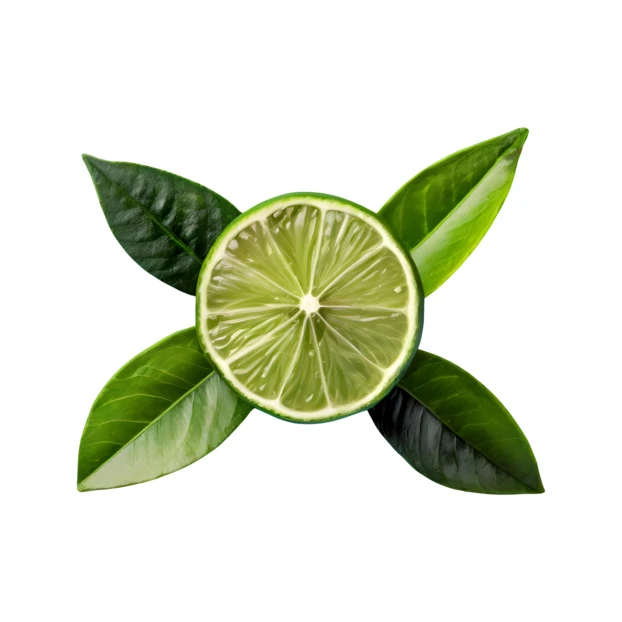 Fresh lime slice with green leaves isolated on white background