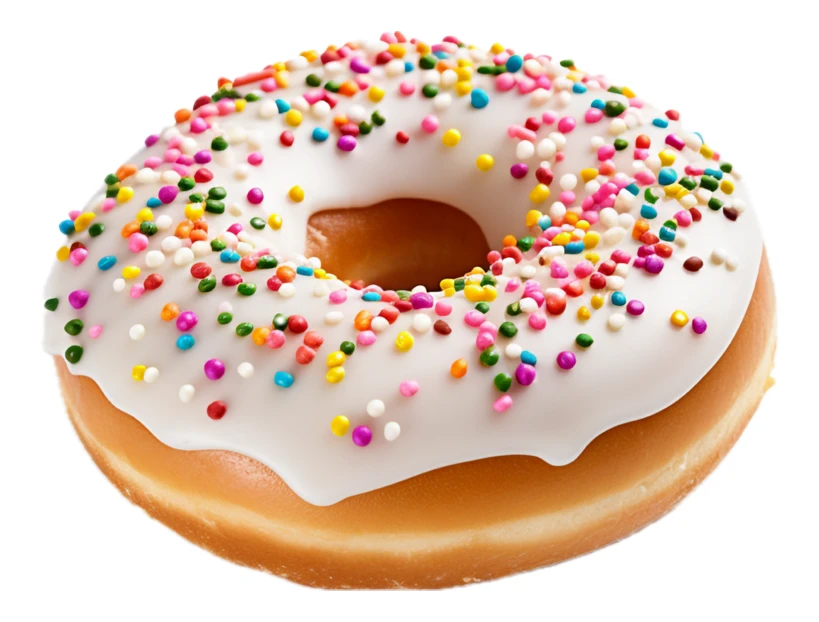 Glazed donut with white icing and colorful sprinkles isolated