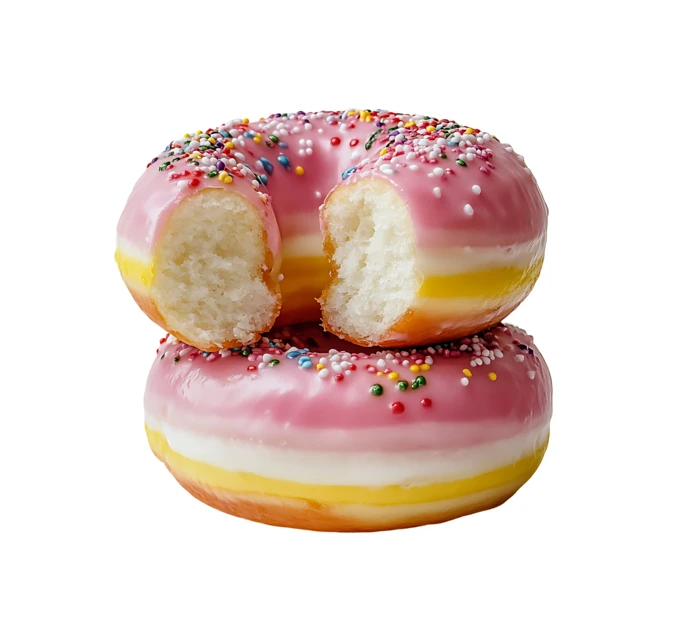 Two pink glazed donuts with sprinkles isolated on white
