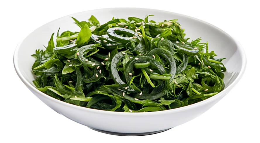 Fresh seaweed salad with sesame seeds in a white bowl