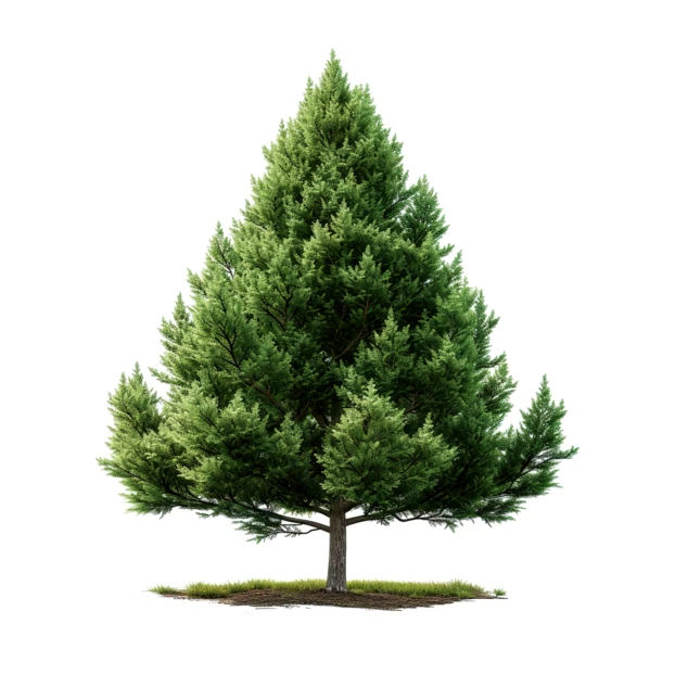 Single evergreen pine tree isolated on white background
