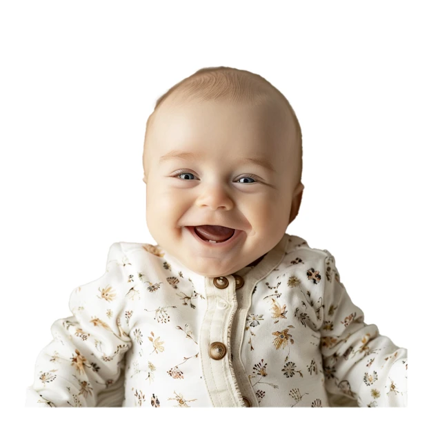 Happy smiling baby wearing floral outfit on white background