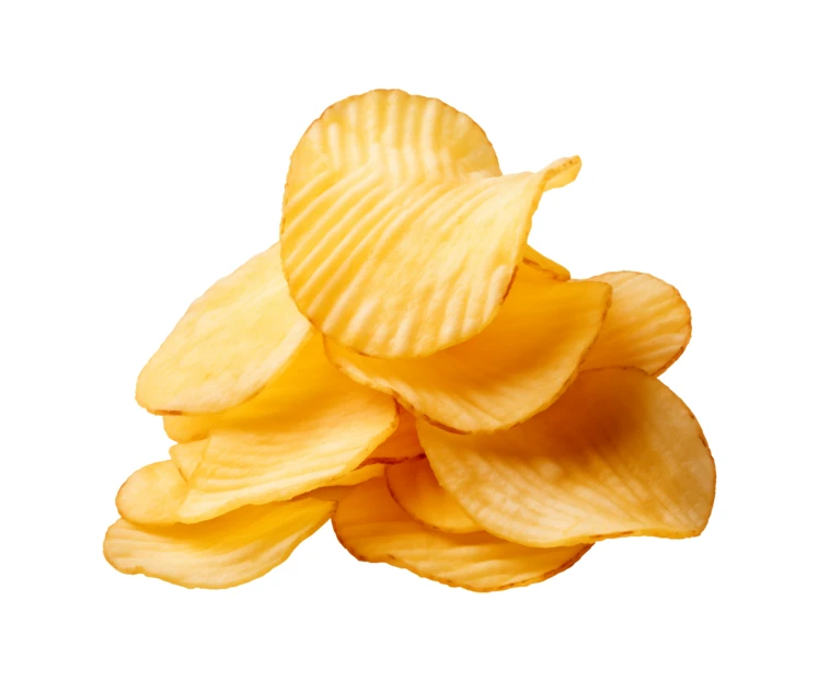 Stack of ridged potato chips isolated on white background