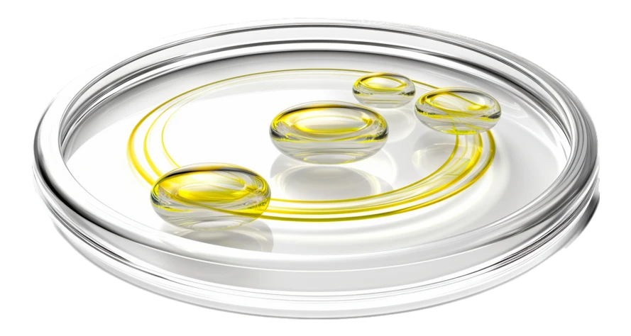 Petri dish with yellow oil droplets on white background