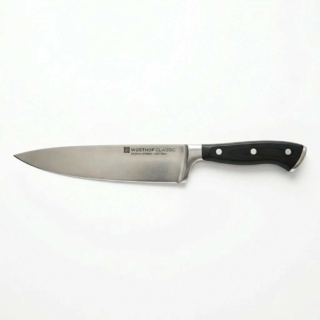 Professional stainless steel chef's knife isolated on white background