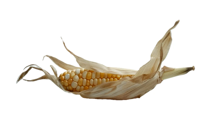 Single ear of corn with dried husk on white background