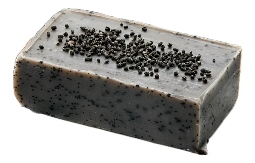Handmade charcoal bar soap with exfoliating poppy seeds