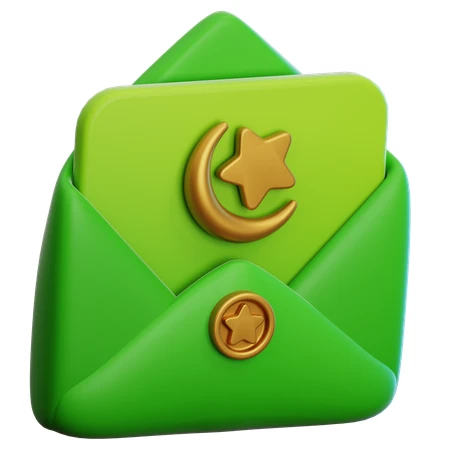 3D green Islamic greeting envelope with moon and star