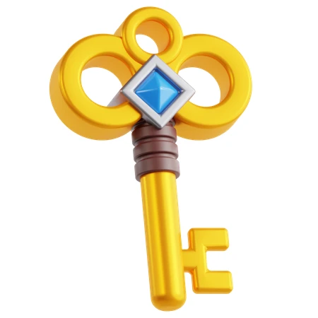 Stylized 3D golden key with blue gem isolated