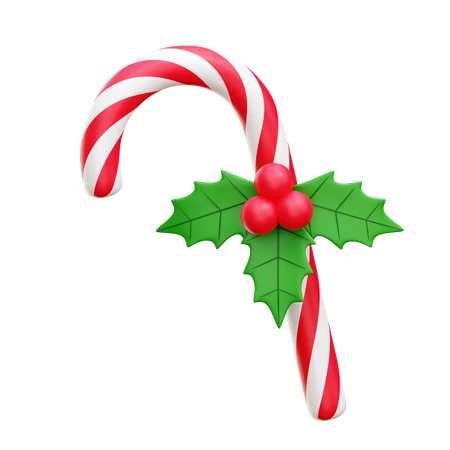 3D Christmas candy cane with holly leaves and red berries