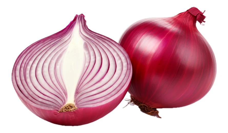 Whole and halved red onion isolated on white background