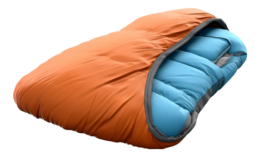 Orange and blue insulated sleeping bag isolated on white
