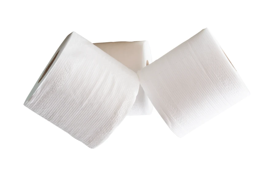 Three rolls of white toilet paper isolated on white