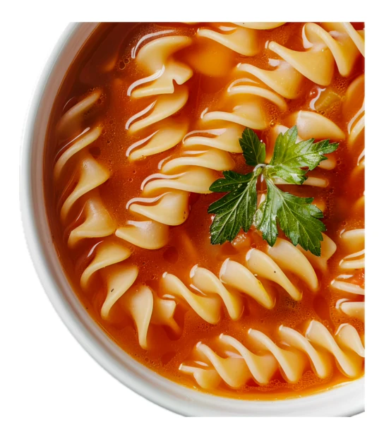 Close-up of tomato soup with fusilli pasta and parsley garnish