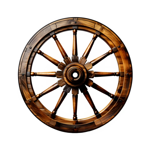 Vintage wooden wagon wheel isolated on white background