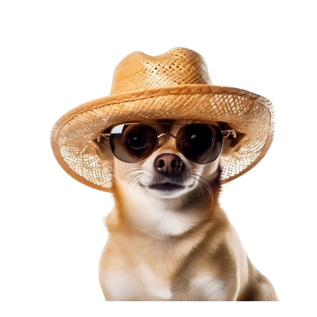 Chihuahua dog wearing a straw hat and sunglasses