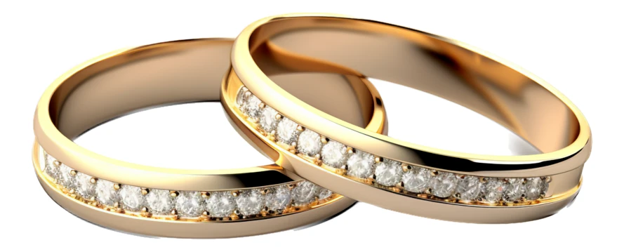 Pair of gold diamond wedding rings isolated on white