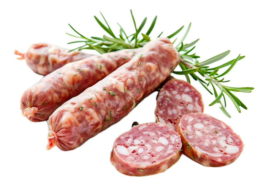 Fresh raw Italian sausages with rosemary isolated on white