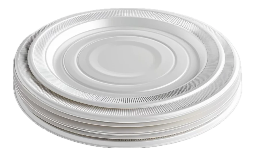 Stack of white disposable plastic plates on white background