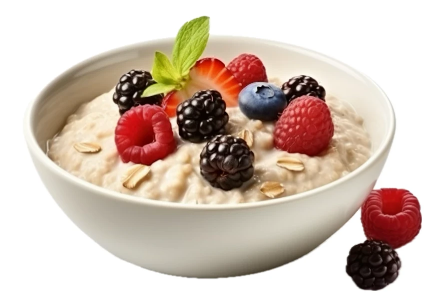 Oatmeal porridge bowl topped with fresh mixed berries