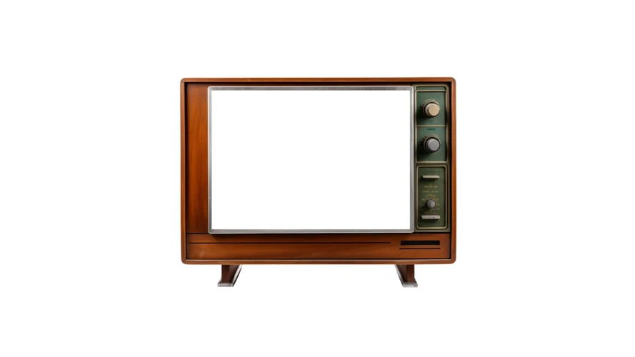 Vintage wooden television set with blank white screen mockup