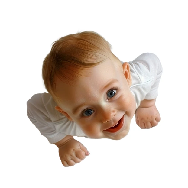 Happy baby crawling and looking up at the camera