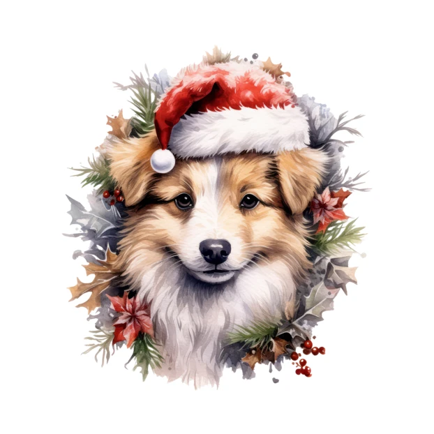 Watercolor puppy wearing Santa hat with Christmas holly wreath