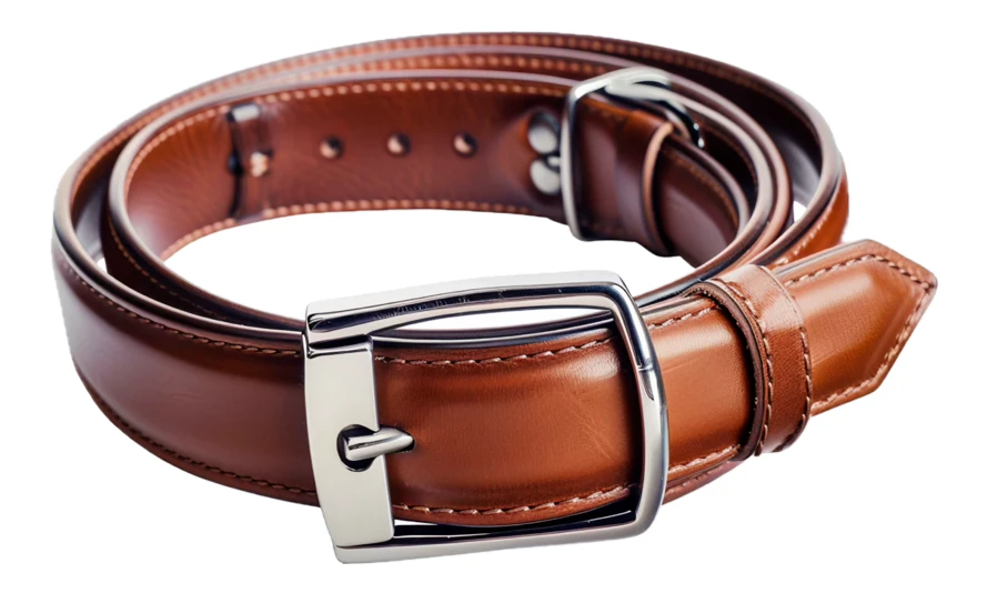 Coiled brown leather dress belt with silver buckle