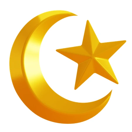 3D golden crescent moon and star symbol isolated on white