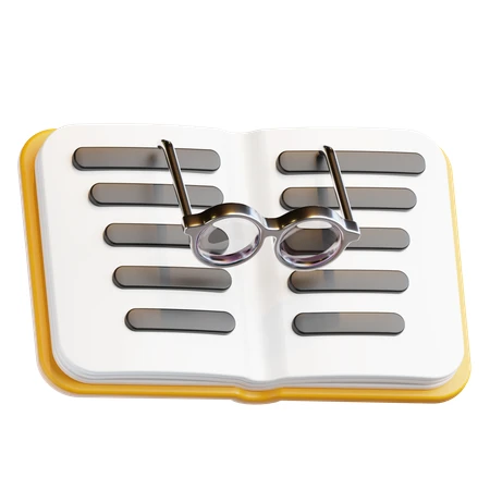 3D render of an open book with reading glasses