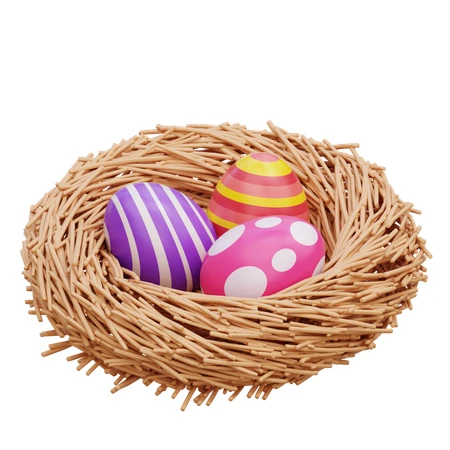 Three colorful decorated Easter eggs in a straw bird nest