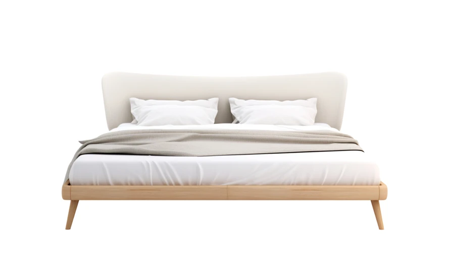 Modern wooden bed with white bedding isolated on white