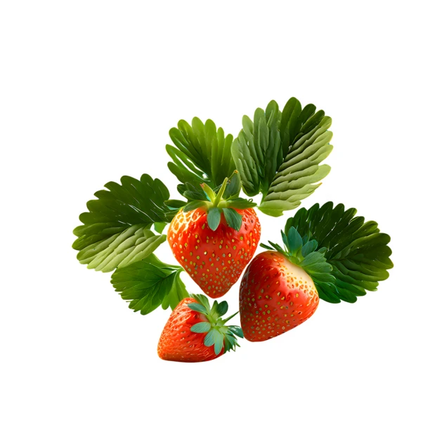 Three fresh strawberries with green leaves isolated on white