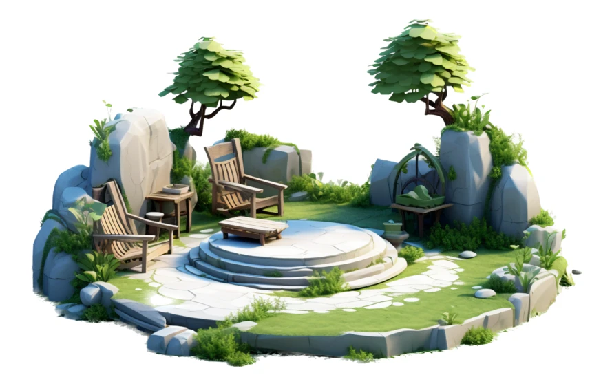 3D stylized garden patio with wooden chairs and stone platform