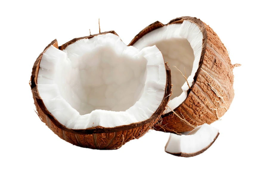 Cracked coconut halves with white flesh on white background