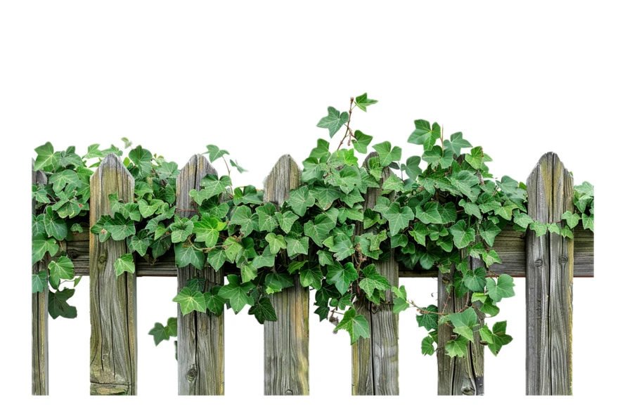 Wooden picket fence with green ivy isolated on white