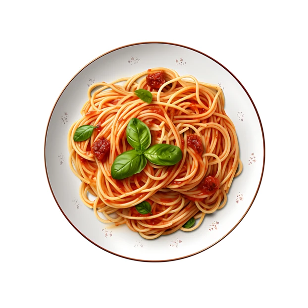 Spaghetti with tomato sauce and fresh basil on white background