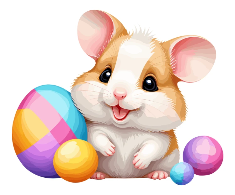 Cute cartoon hamster with colorful Easter eggs