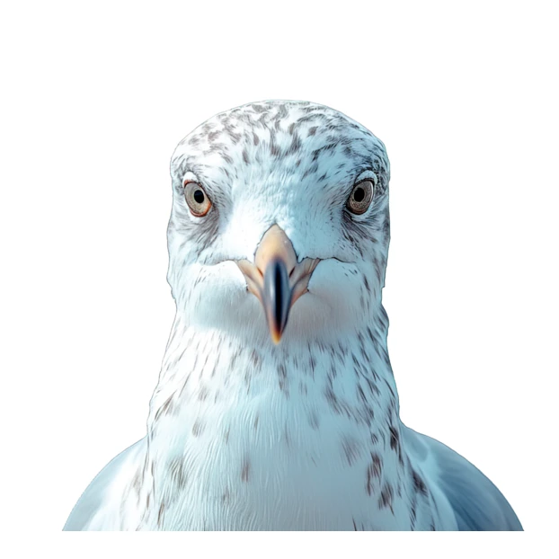 Close-up portrait of a seagull isolated on white background