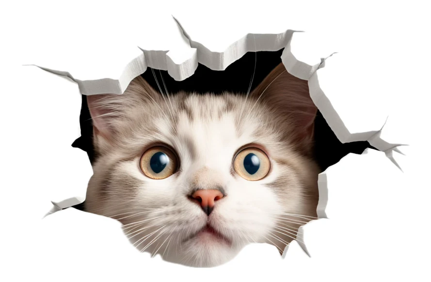Cute tabby cat peeking through a torn paper hole
