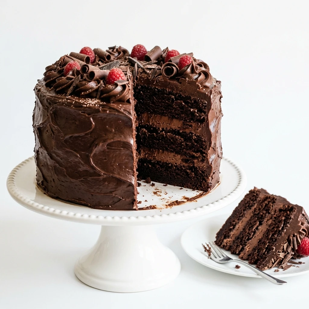 Rich chocolate layer cake topped with raspberries and chocolate curls