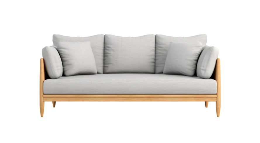 Modern light gray fabric sofa with wooden frame isolated