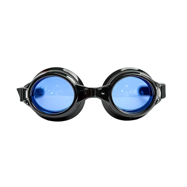 Black steampunk goggles with blue lenses isolated on white