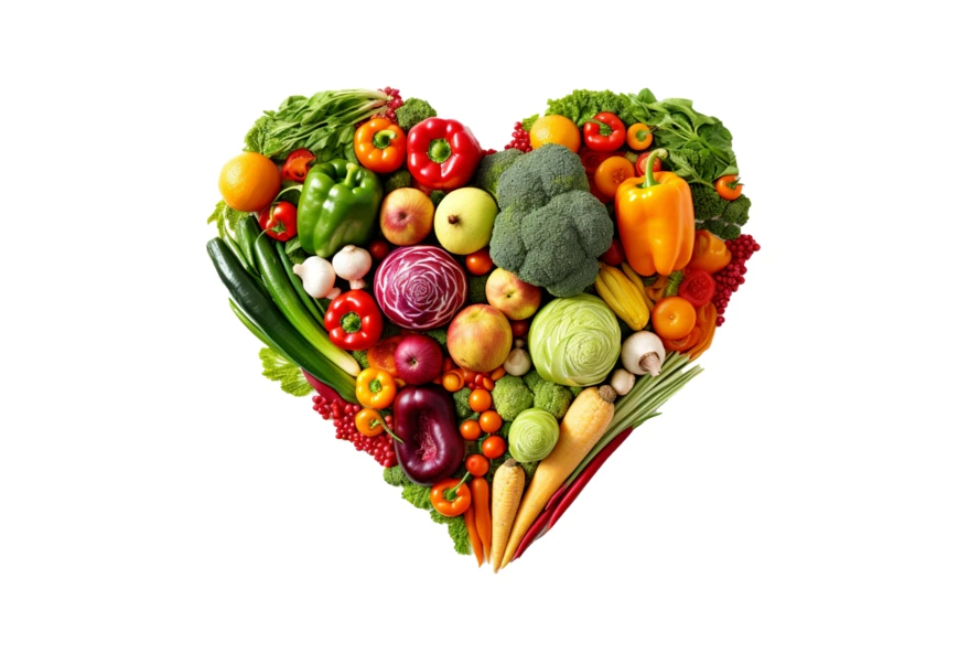 Fresh fruits and vegetables arranged in a heart shape