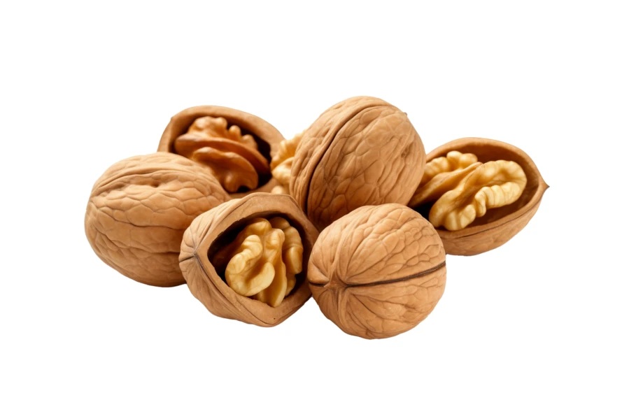 Group of whole and cracked walnuts on white background