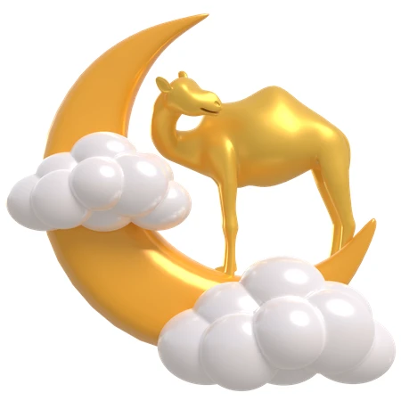 3D golden camel on crescent moon with clouds for Eid