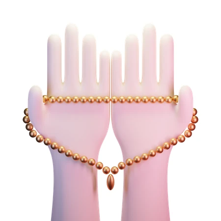 3D render of hands displaying a golden bead necklace
