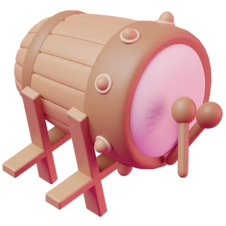 3D illustration of a traditional Islamic bedug drum with drumsticks
